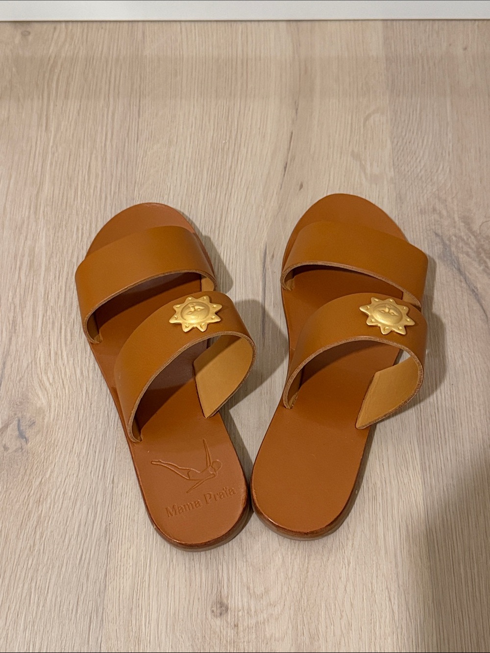 Tan Double-Strap Slide Sandals with Gold Sun Accent